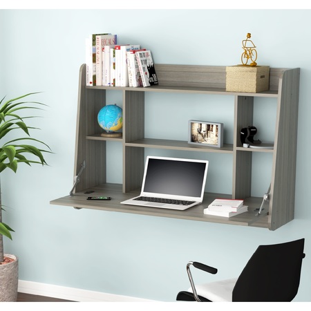 INVAL Floating Wall Mounted Desk 43.3 in. W Rectangular Smoke Oak with 6-Shelves ES-13603